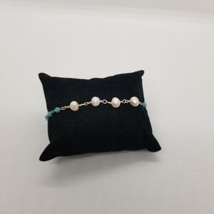 white pearl and blue glass chain bracelet